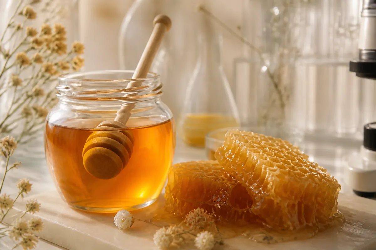 Jar of medicinal honey beside natural honeycomb