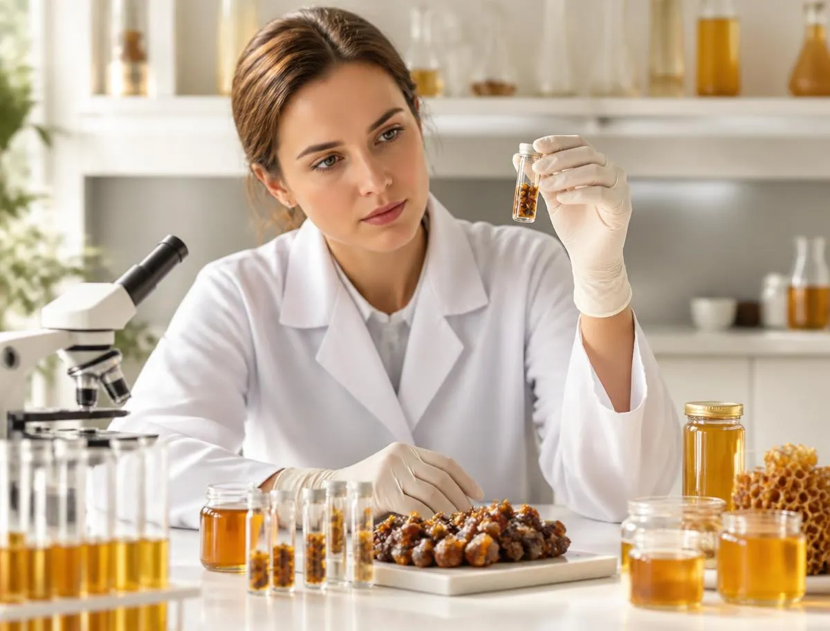 Researcher examining honey and hive-product samples in a laboratory